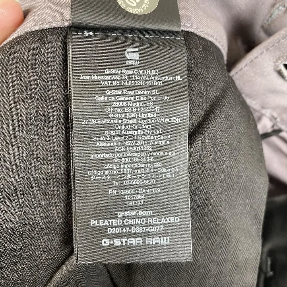 G-Star RAW Pants Mens 34x26 (Tag 34x30) Gray Pleated Work Chino Relaxed Tapered